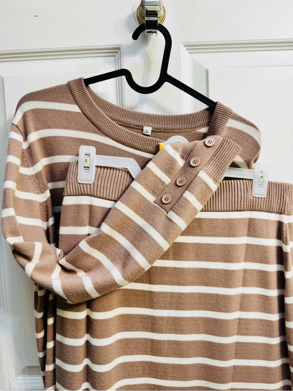 Matching Set: Striped Crewneck Sweater and Maxi Skirt - Tan & White